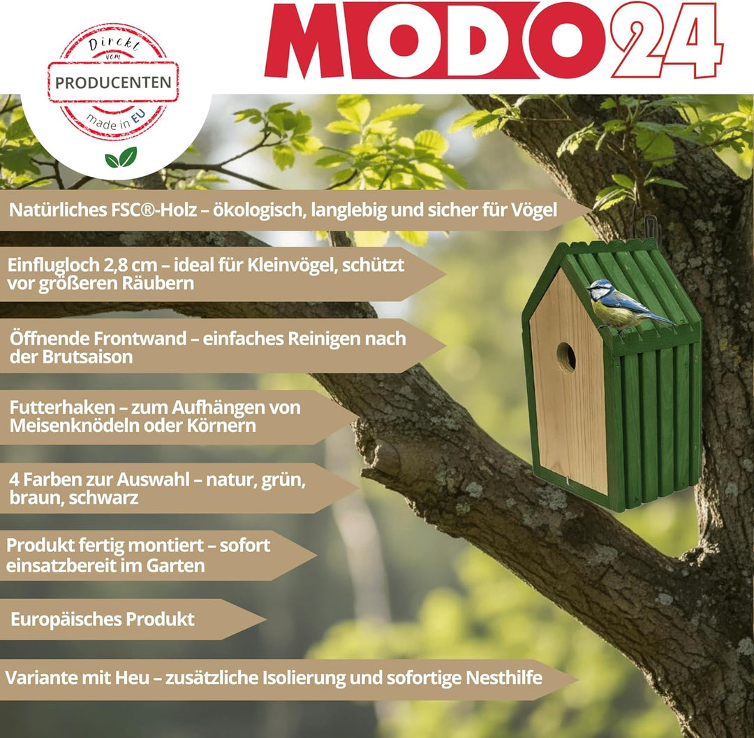 Meisen Nistkasten aus FSC® Holz mit 2,8 cm Einflugloch und mit Heu, Vogelhaus Blaumeisen &amp; Kleinvöge