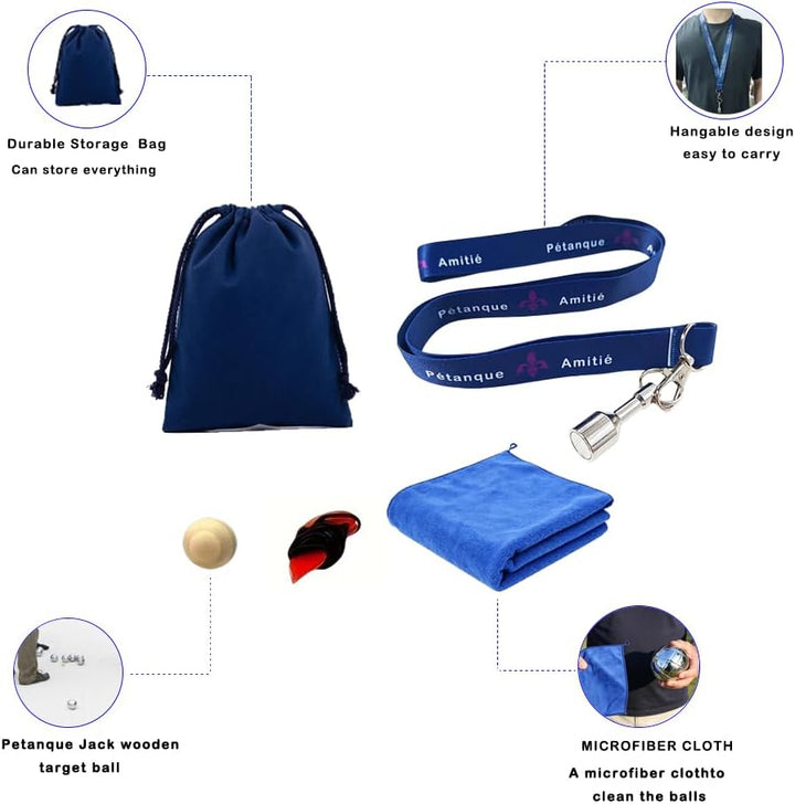 Set mit magnetischer Boulekugel, mit 1 Aufbewahrungstasche, 1 Pétanque-Schaufel, 1 Zielkugel, 1 Mess