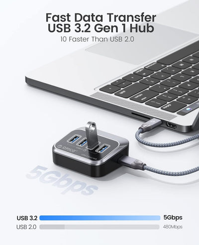 ORICO USB C Hub, 4 Port USB Verteiler, USB 3.2 GEN 1 Hub mit 0,5m 2 in1 USB Kabel, USB Splitter für