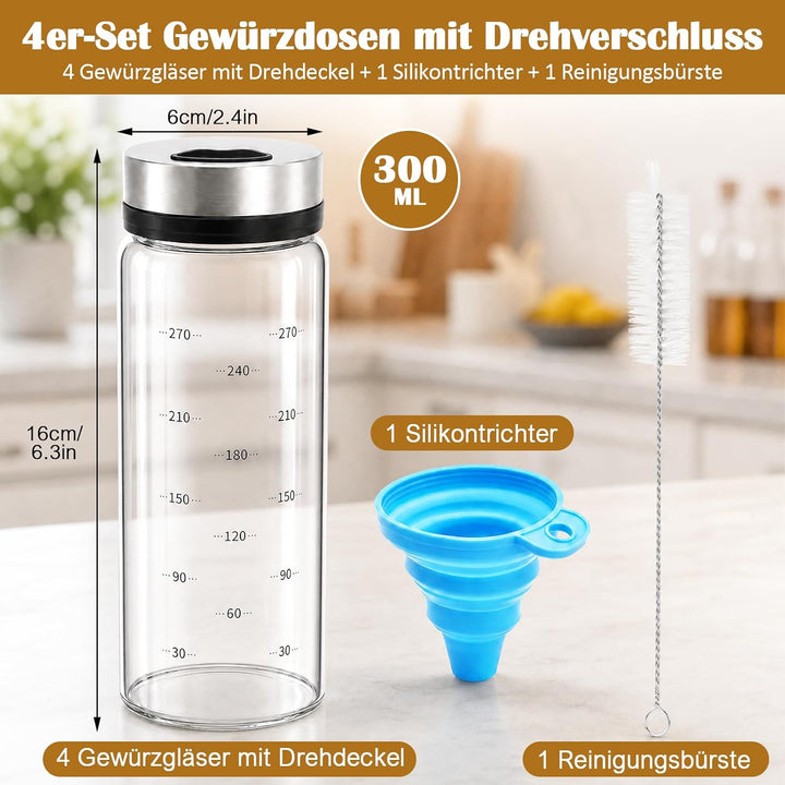 4 Stück Gewürzgläser mit Drehdeckel,300ml,3 Arten von Gewürzlöcher