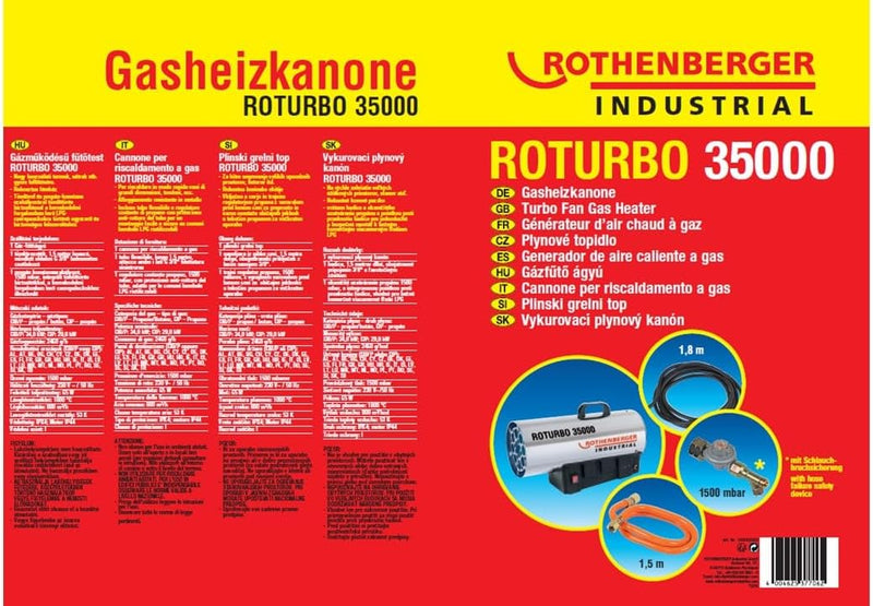 Rothenberger Industrial Gas – Heiz – Kanone/Gebläse RoTurbo 35000 inkl. Piezo-Zündung, Schlauch & Sc