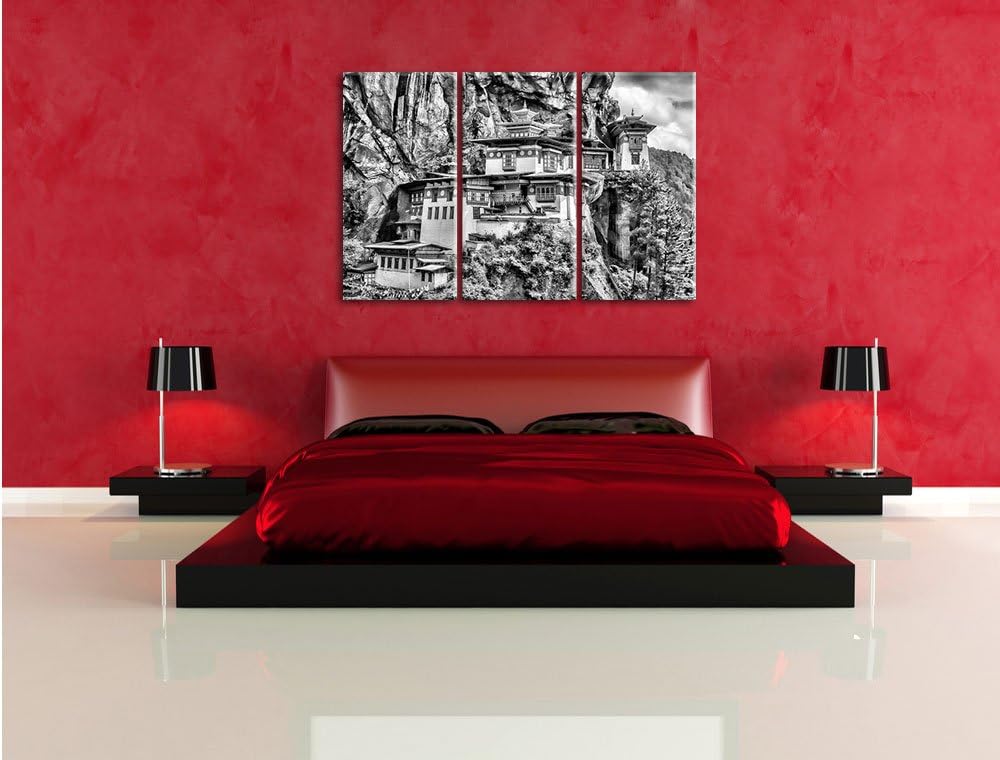 Pixxprint Monocrome, Chinesische Festung im Berg 3-Teiler Leinwandbild 120x80 Bild auf Leinwand