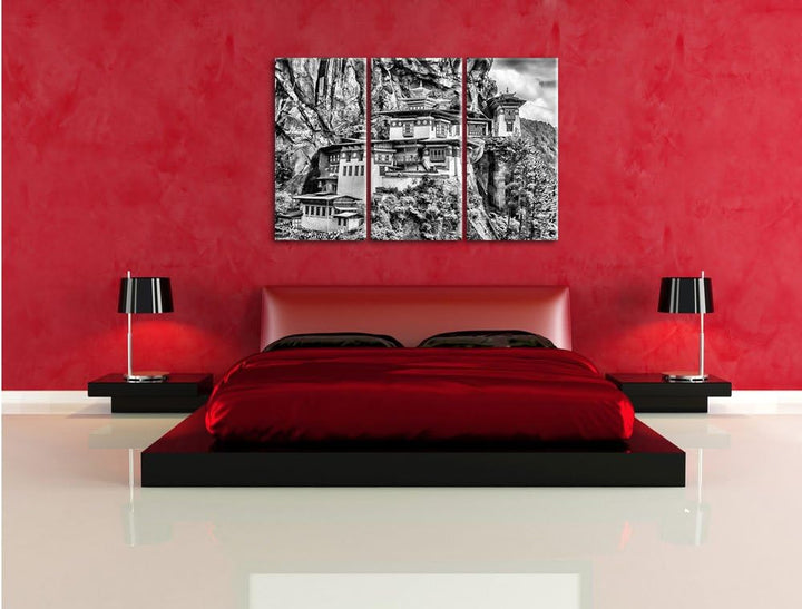 Pixxprint Monocrome, Chinesische Festung im Berg 3-Teiler Leinwandbild 120x80 Bild auf Leinwand