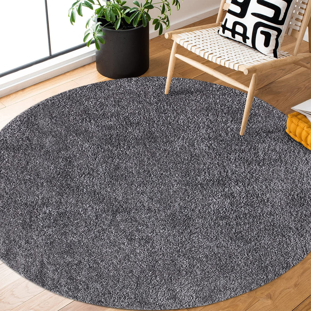 payé Teppich Rund Hochflor Shaggy - 200x200cm - Anthrazit Einfarbig Uni Flauschig Modern Boho Wohnzi
