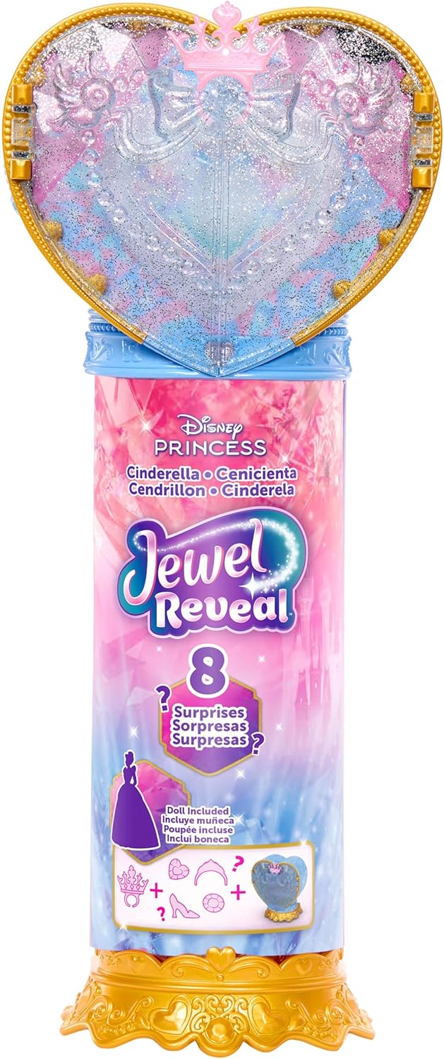 Mattel Disney Princess Cinderella Modepuppe und Zubehörteile mit 8 Überraschungen, darunter herzförm