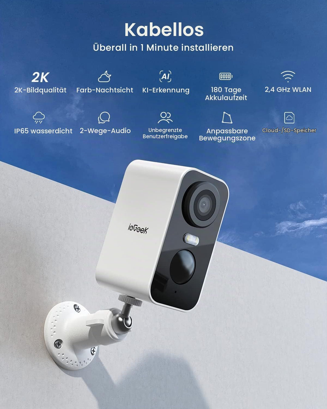ieGeek 2K Überwachungskamera Aussen Akku: Kabellose WLAN Überwachungskamera aussen/innen mit farbige
