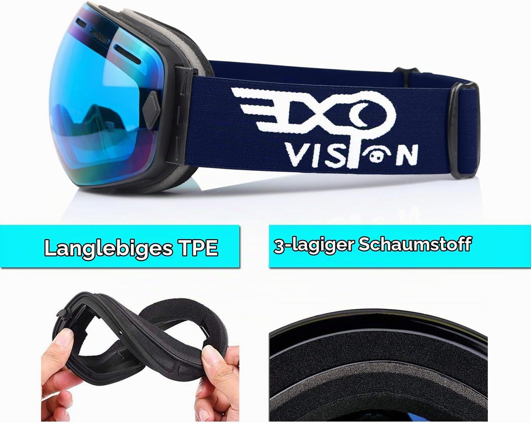 EXP VISION Snowboard Skibrille für Herren Damen Jugend, 100% UV400 Schutz Anti Beschlag über der Bri