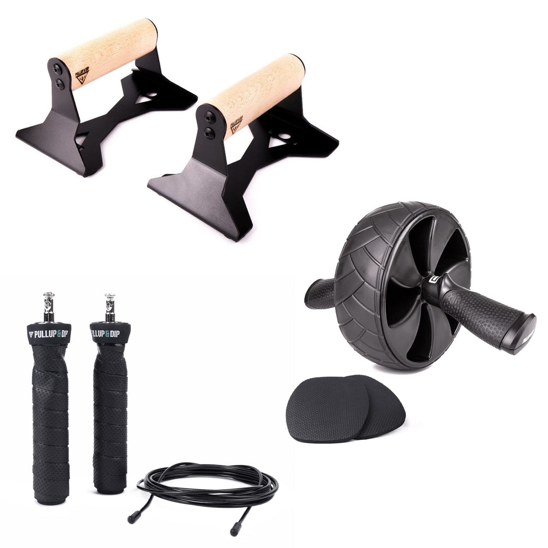 PULLUP & DIP Fitness Equipment Set - Liegestützgriffe mit ergonomischem Holz Griff, Bauchroller mit