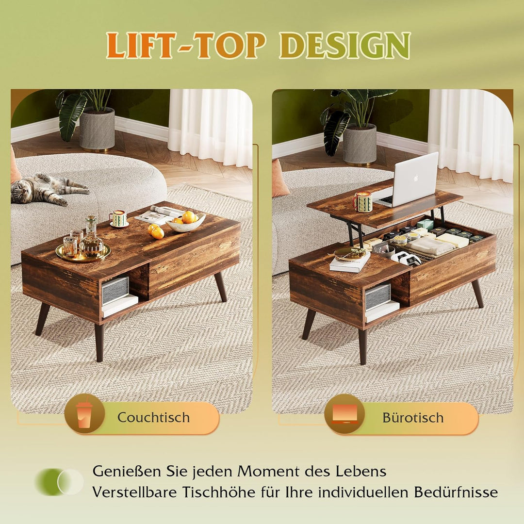 WLIVE Höhenverstellbarer Couchtisch mit Stauraum, Wohnzimmertisch mit Ausziehbar Platte & offene Fäc
