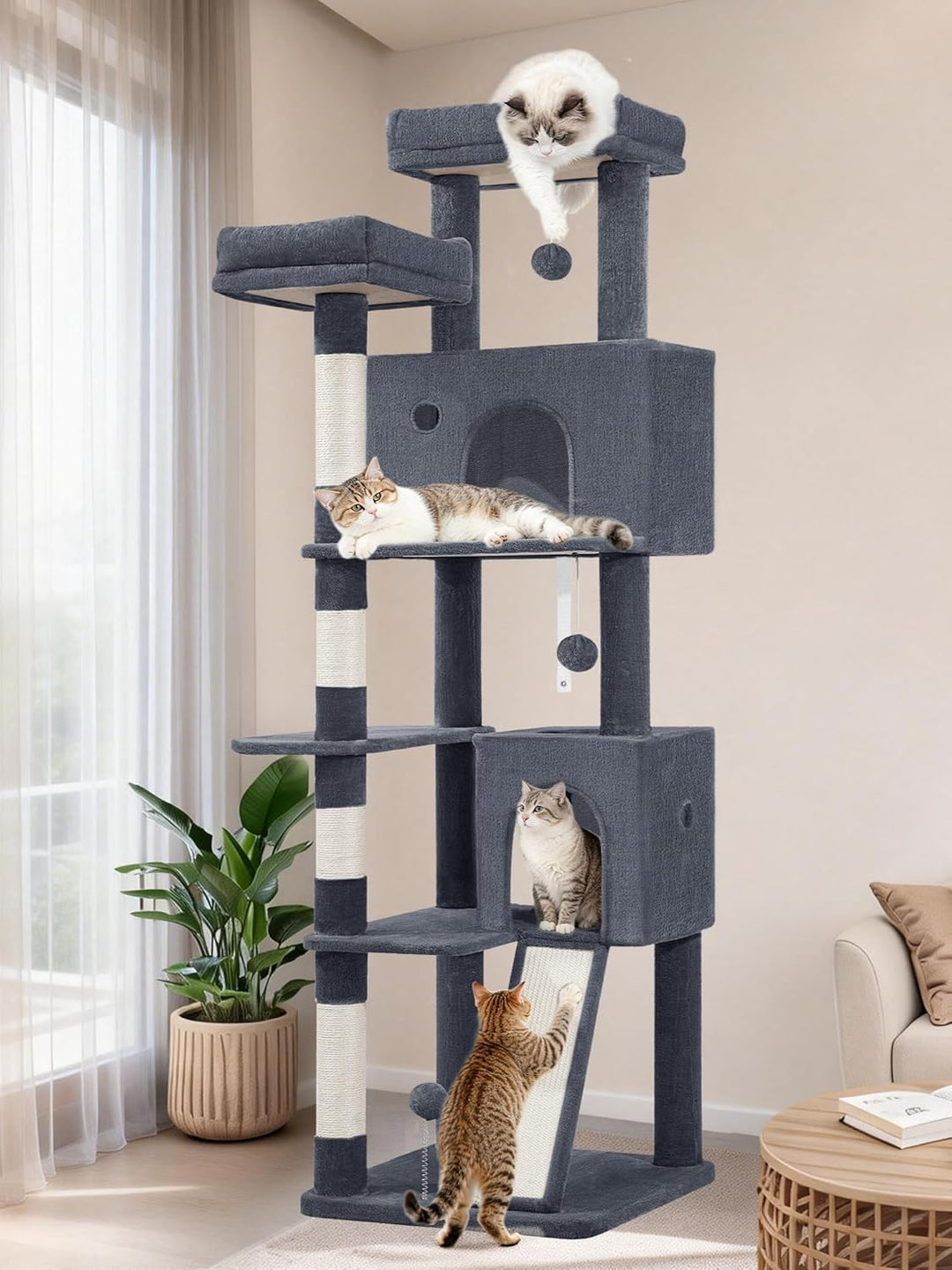 Kratzbaum 178 cm, Katzenbaum Gross, Kratzbaum Grosse Katzen Stabil mit Kratzsäulen, Kratzbrett, 2 Be