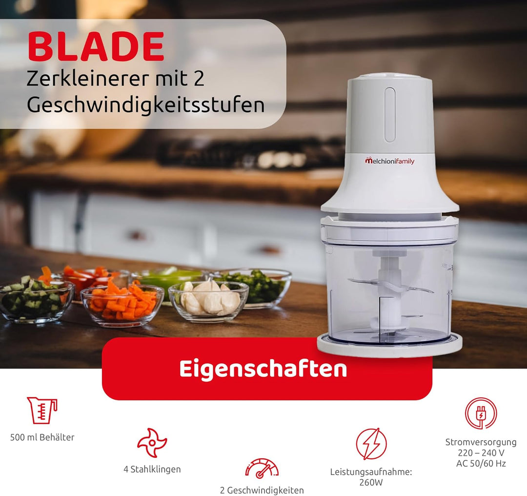 Melchioni Familie | Elektrische Küchenmaschine BLADE, mit 2 Geschwindigkeiten, 260W, 4 Stahlklingen,