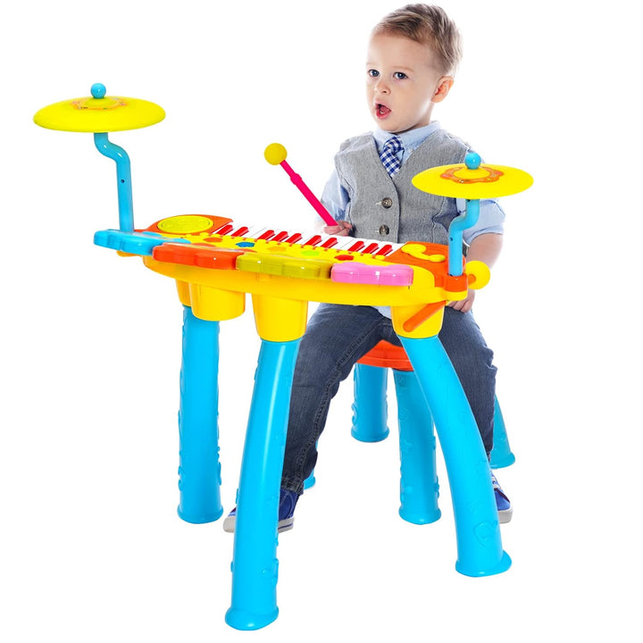 GOPLUS Kinderkeyboard mit Schlagzeug & Hocker, 24-Tasten Klaviertastatur mit 4 Trommeln, 2 Becken, 2