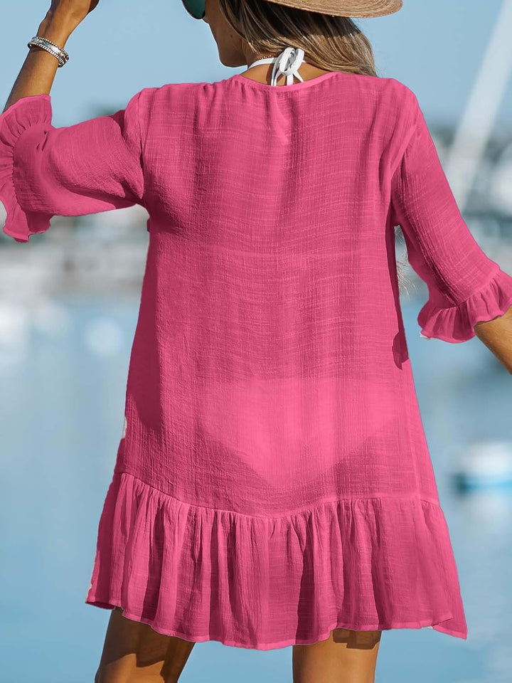 CUPSHE Damen Strandkleid Bikini Cover Up V Ausschnitt Knöpfen Rüschensaum Freizeitkleider Sommer Bea