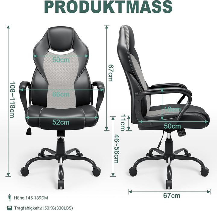 BASETBL, ergonomischer Bürostuhl, PU-Leder, Schreibtischstuhl, Arbeitsstuhl, Gaming-Stuhl mit hoher