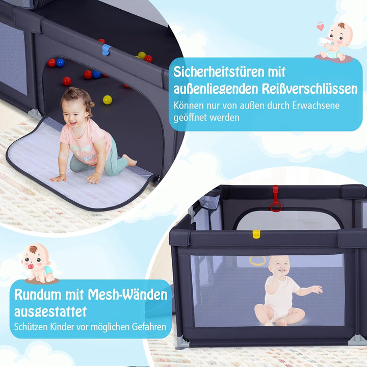 DREAMADE Laufstall baby, Laufgitter mit Matratze & Basketballkorb & Zugring, Schutzgitter mit Rutsch