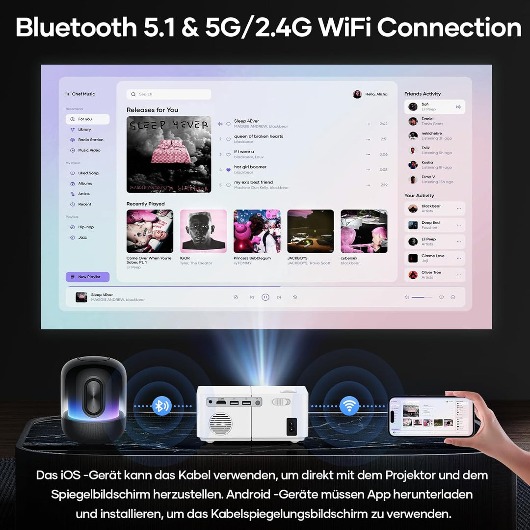 Mini Beamer Outdoor, Elektrischer Fokus 1080P FHD 300 ANSI Klein Tragbarer Beamer, 5G WiFi Bluetooth