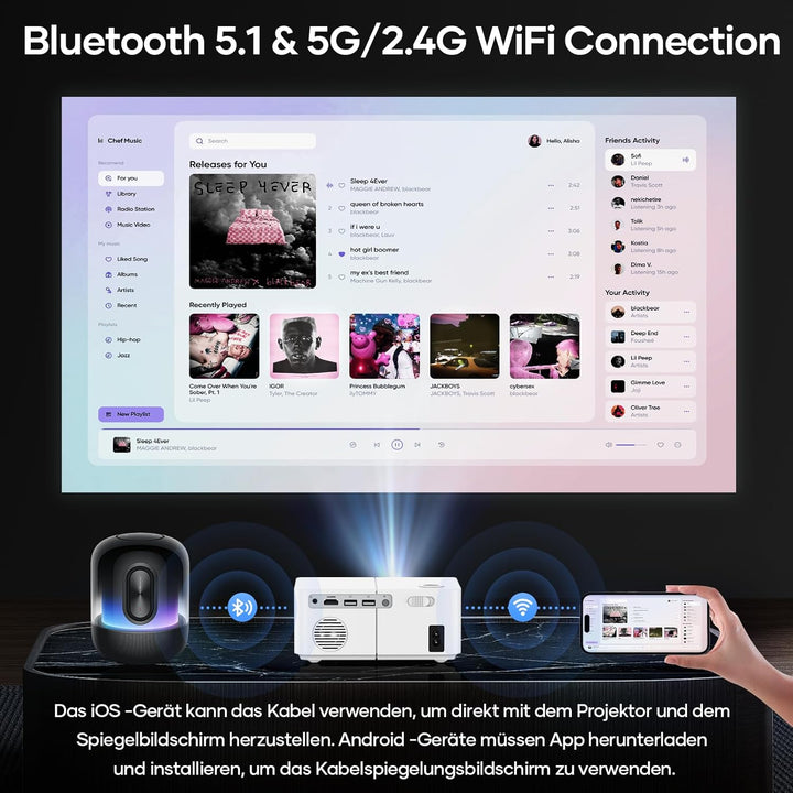 Mini Beamer Outdoor, Elektrischer Fokus 1080P FHD 300 ANSI Klein Tragbarer Beamer, 5G WiFi Bluetooth