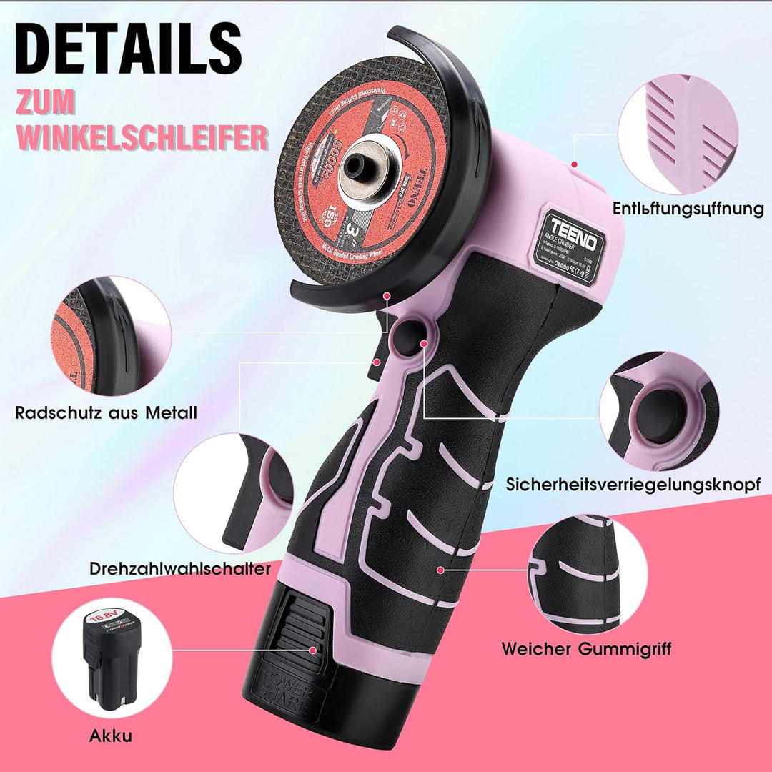 TEENO Mini Winkelschleifer Rosa 76 mm, Akku Winkelschleifer Kabellos 19.500 U/min mit 2 Akkus 2000 m