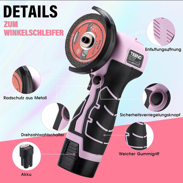 TEENO Mini Winkelschleifer Rosa 76 mm, Akku Winkelschleifer Kabellos 19.500 U/min mit 2 Akkus 2000 m