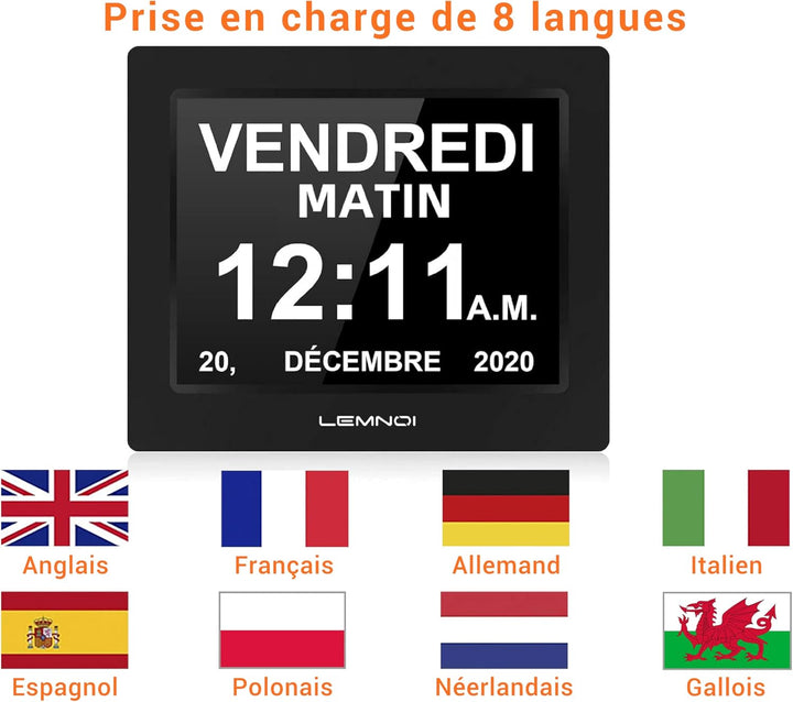 Lemnoi LCD-Digitaluhrkalender Datum Tag und Uhrzeit Nicht abgekürzte Uhr Automatisches Dimmen 8 Spra