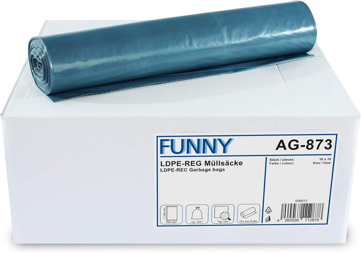 Funny LDPE-Regenerat Müllsäcke, blau, gerollt, 120 l, Typ 100, 1er Pack (1 x 150 Stück) Single, Sing