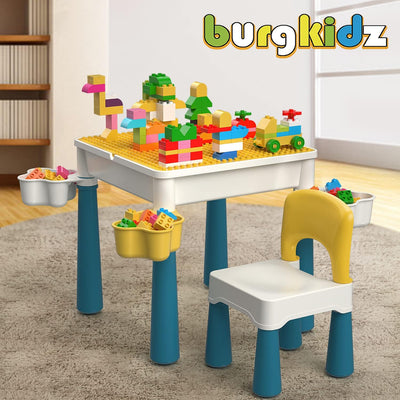 burgkidz Kindertisch mit Stühle, Kinder Spieltisch mit 1 Stuhl und 130 Stück Grossen Bausteinen, Kre