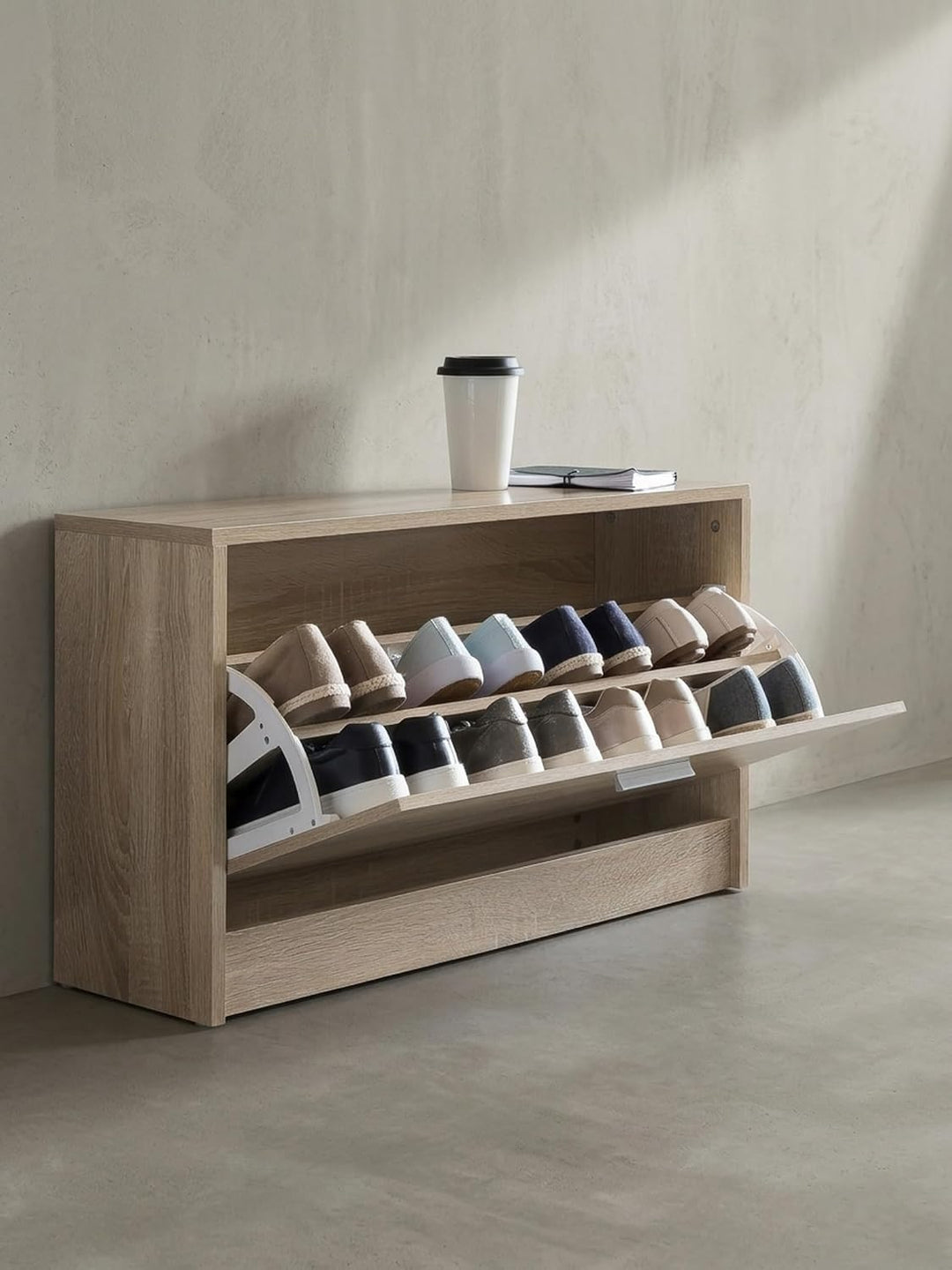 Holz Schuhkipper Bank: Kippfächer, Verstellbarer Einlegeboden, Melaminharzbeschichtung Farbe: Beige,