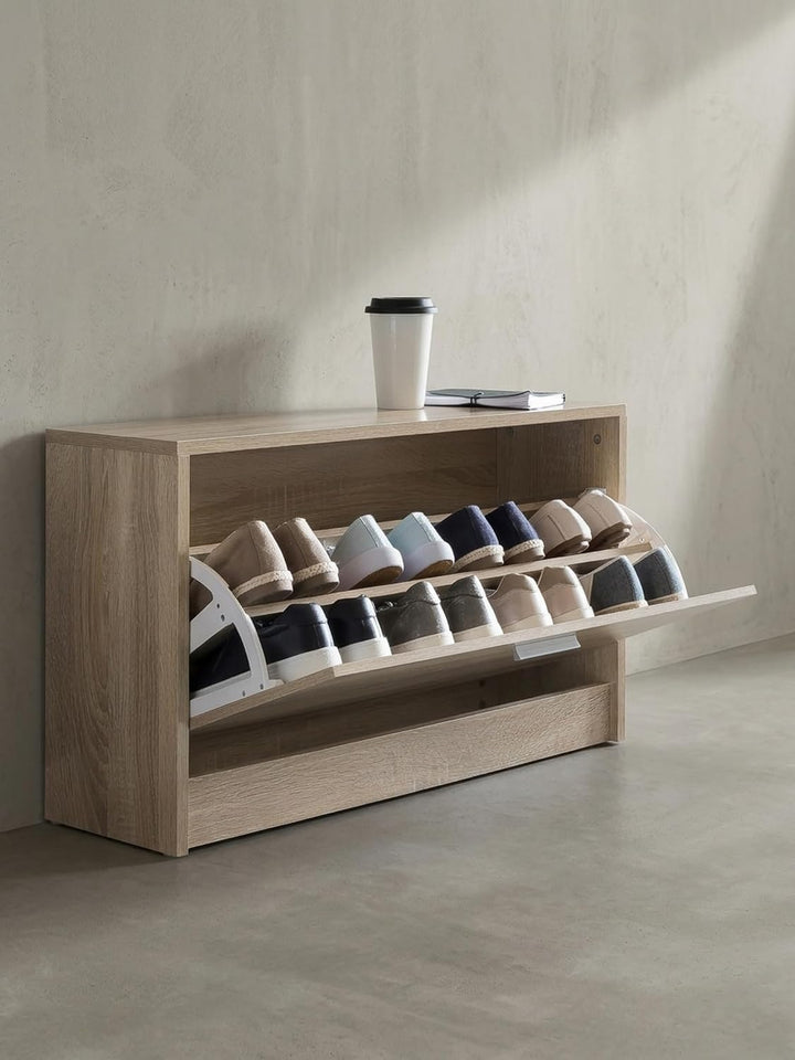 Holz Schuhkipper Bank: Kippfächer, Verstellbarer Einlegeboden, Melaminharzbeschichtung Farbe: Beige,