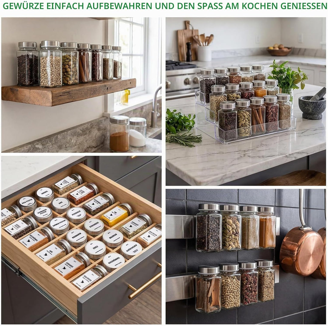 Gewürzgläser eckig 24er Set, 120ml Gewürzstreuer mit Edelstahl Drehdeckel, Gewürzbehälter gewürz org
