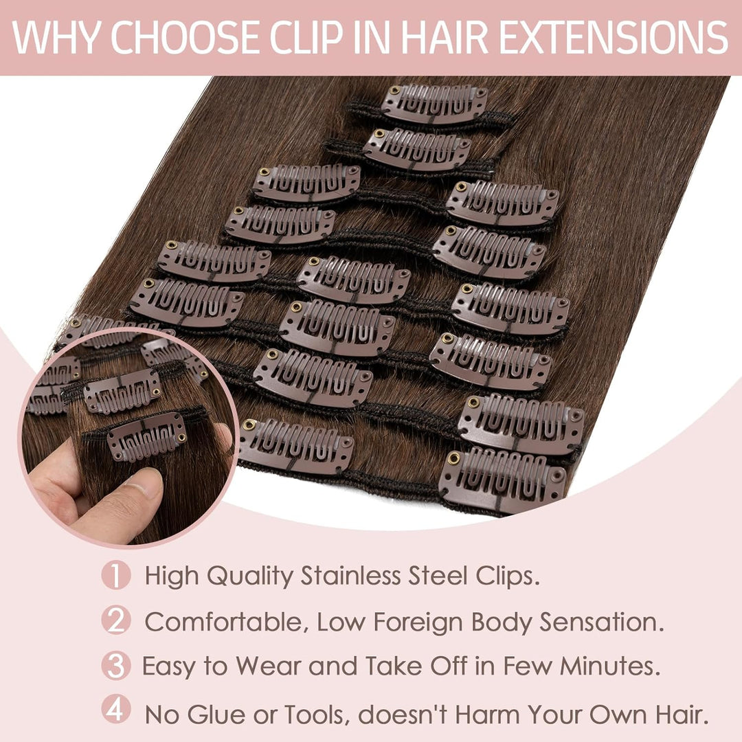 Silk-co Echthaar Clip In Extensions 8 Tressen 18 Clips 75g, Braun Hair Extensions, Remy Echthaar Cli