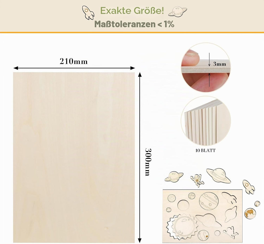 SWAWIS 10 Stück A4 Sperrholzplatte 3mm, Sperrholz Lindenholz 300 * 210mm, Bastelholz-Platten, Holz P
