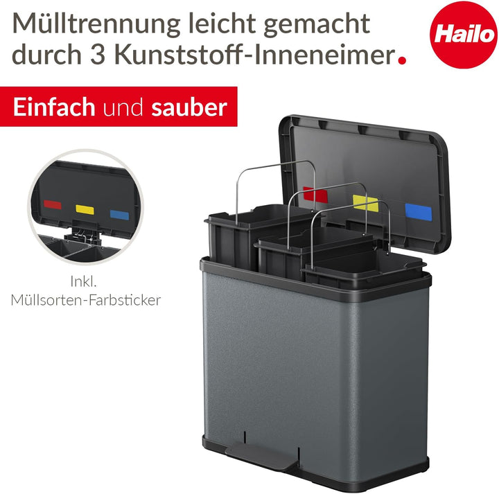 Hailo Öko trio Plus L Tret-Mülltrenner - freistehender 3 x 9 Liter Dreifachmülleimer aus Stahlblech