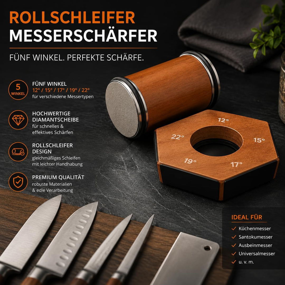Messerschärfer Profi Set mit Rollschleifer – Manueller Messerschleifer mit Diamant- &amp; Keramikscheibe