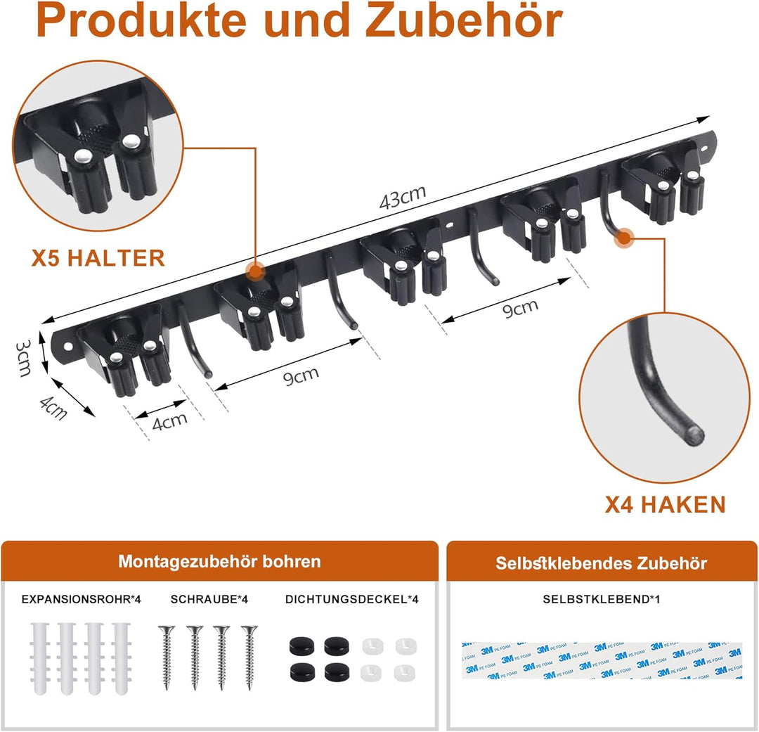 1 Stück Besenhalterung Wand, 5 Halter + 4 Haken Edelstahl gerätehalter, Selbstklebend Gartengeräteha