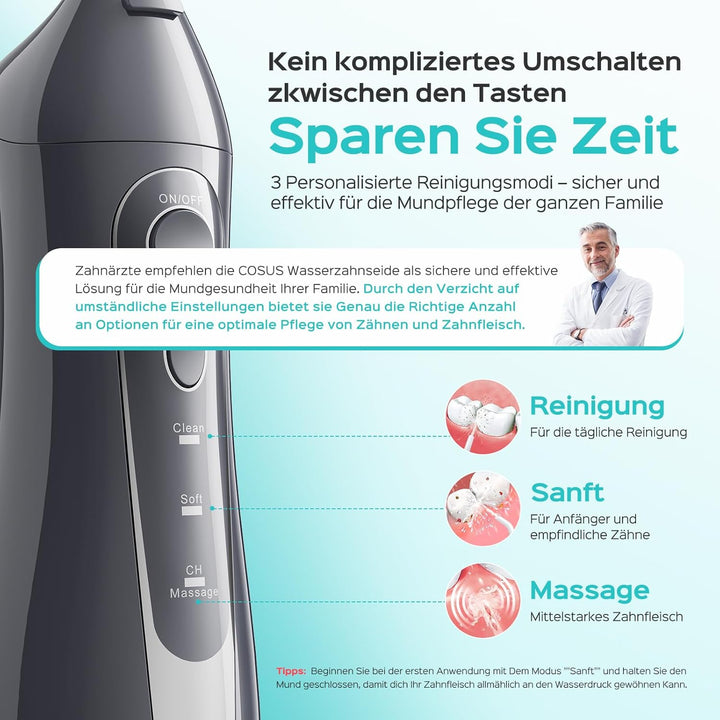 COSLUS Munddusche Kabellos Tragbar Elektrische Zahnreiniger, 300ML Wassertank Wiederaufladbar Zahndu