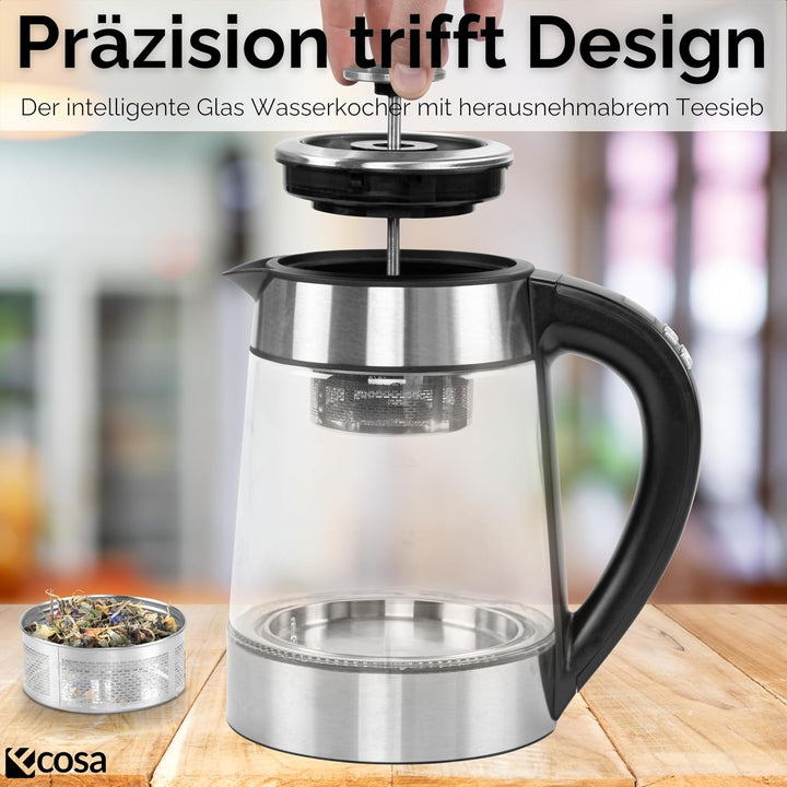 Ecosa® Glas Wasserkocher mit Teesieb und Temperatureinstellung Edelstahl – Teekocher Glas Edelstahl