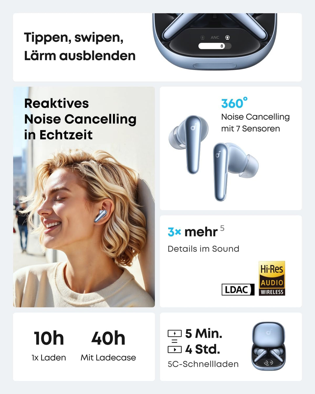 soundcore Liberty 4 Pro von Anker, Kabellose Noise Cancelling Kopfhörer, Earbuds mit 7 Sensoren, ANC