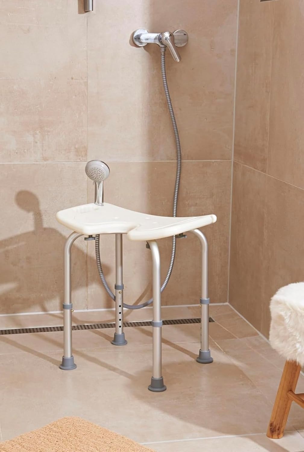 Duschhocker mit Hygieneaussparung, 8-Fach höhenverstellbar 38-55 cm Duschstuhl mit Seitliche Haltegr