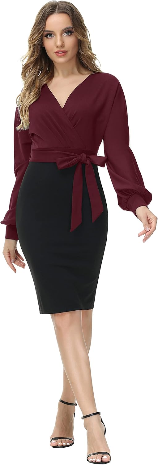 GRACE KARIN Damen Arbeit Bodycon Bleistiftkleid Langarm Hochzeit Gast Büro Kleider V-Ausschnitt Part