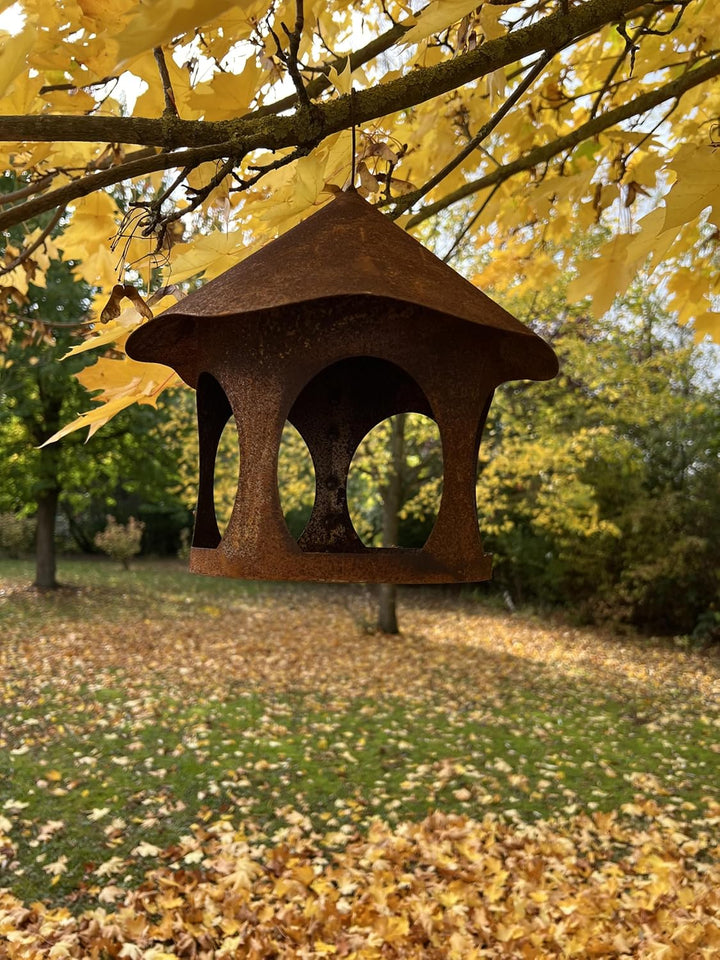 Vogelhaus Futterstelle rund Metall Rost Deko mit Haken zum Aufhängen 28cm/20cm Durchmesser 35 cm hoc