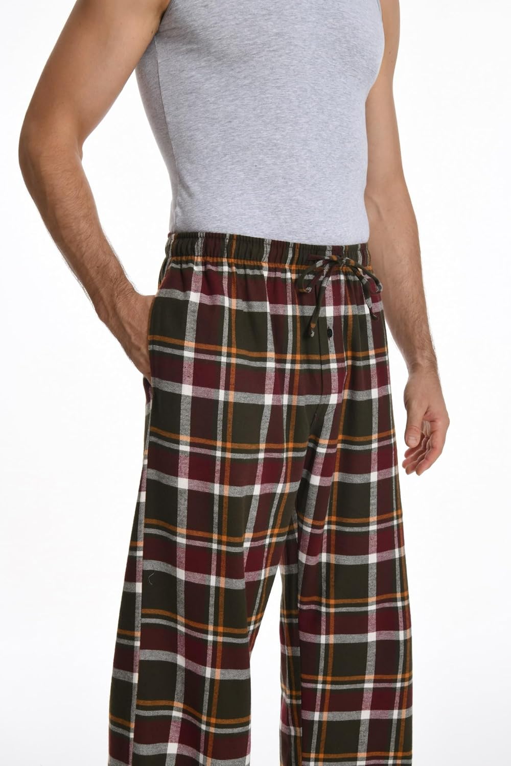 Herren 100% Baumwolle Flanell Bequeme Pyjama/Lounge Bottoms mit Taschen, M Burgundy White Plaid