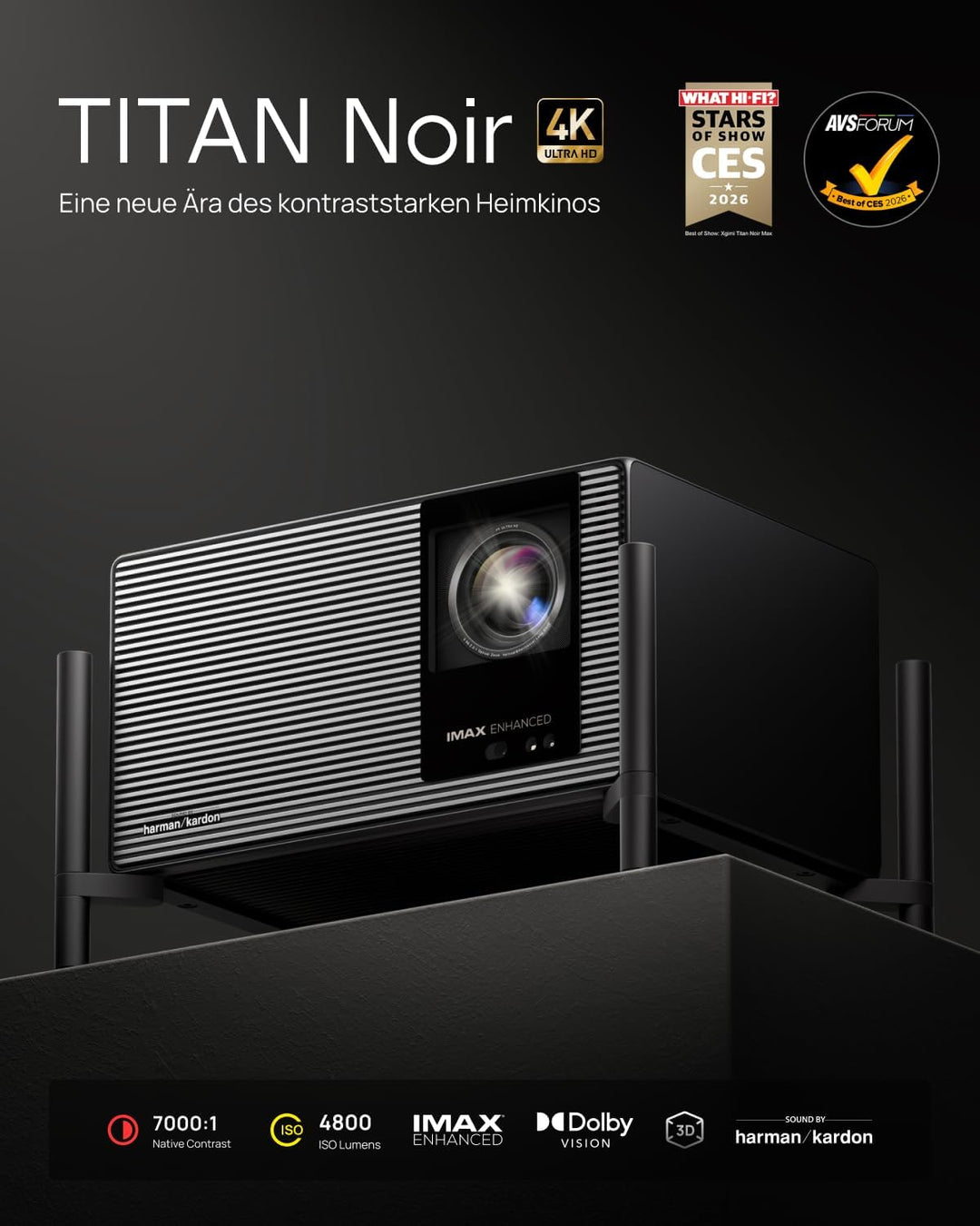 XGIMI Titan Noir 4K Heimkino Beamer, RGB Triple Laser 3D Projektor | 4800 ISO Lumen, 7000:1 Nativer