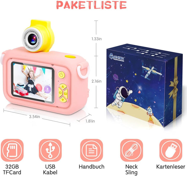 Kinderkamera, ARNSSIEN 180° Flip Lens Kamera für Kinder, 2.4in IPS LCD Digitalkamera mit Gehäuse, Ki