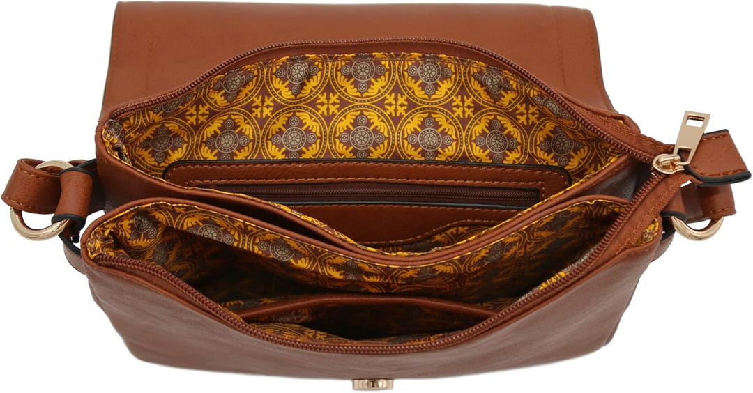 Double Compartment Large Flapover Crossbody Bag with Colorblock Straps Braun, Braun