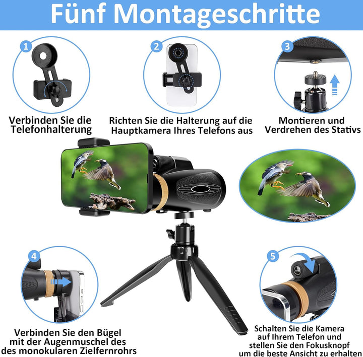 Monokular Teleskop 30X60 HD Monokular Fernrohr Erwachsene - Dark Black | mit Halterung Stativ FMC BA