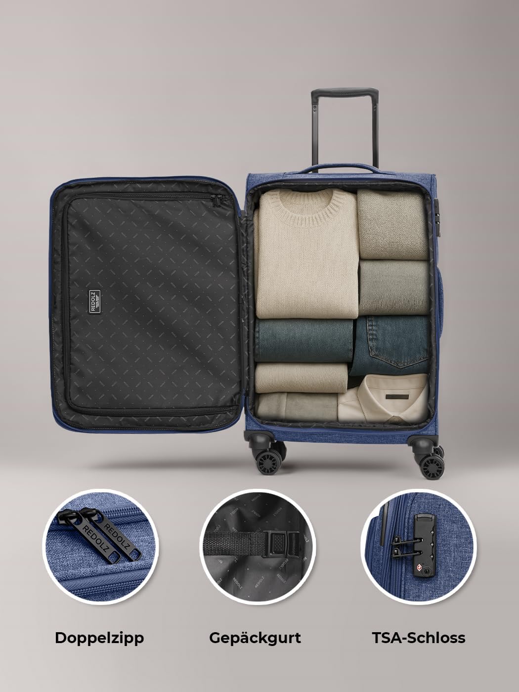REDOLZ MEDIUM Weichschalen Koffer für Männer & Frauen | Leichter Trolley 67 cm mit 4 Doppelrollen &