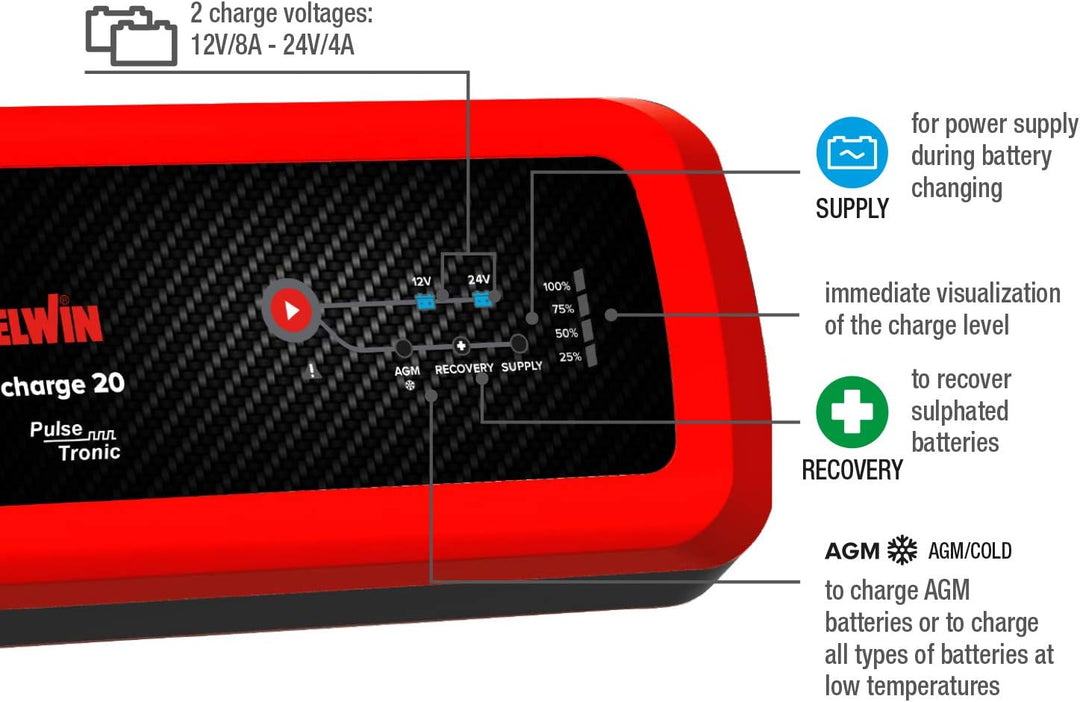 Telwin 807594 T-Charge 20 Elektronisches multifunktionelles Batterielade- und Erhaltungsladegerät, R