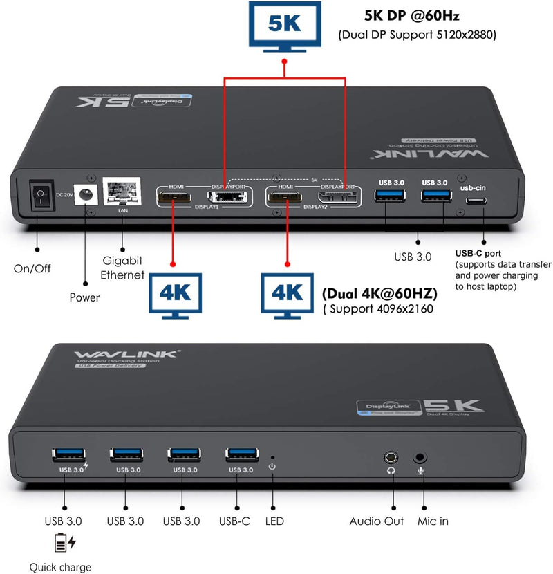 WAVLINK USB C/USB 3.0 Laptop-Dockingstation mit 60W Ladeleistung Unterstützt Zwei 4K-Videoausgänge (