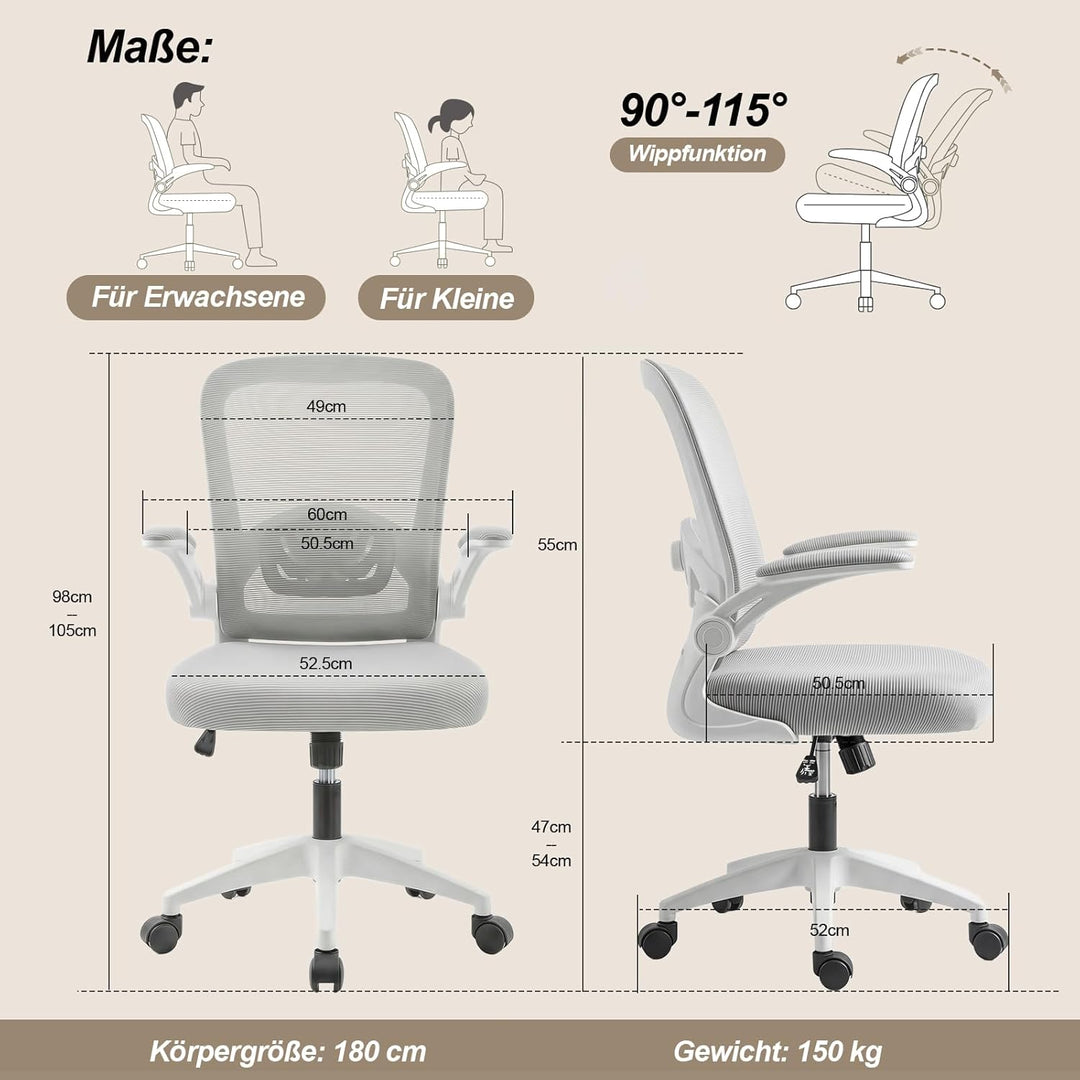 Bürostuhl Ergonomisch mit 4D Verstellbarer Lordosenstütze und Atmungsaktivem Mesh, Ergonomischer Sch