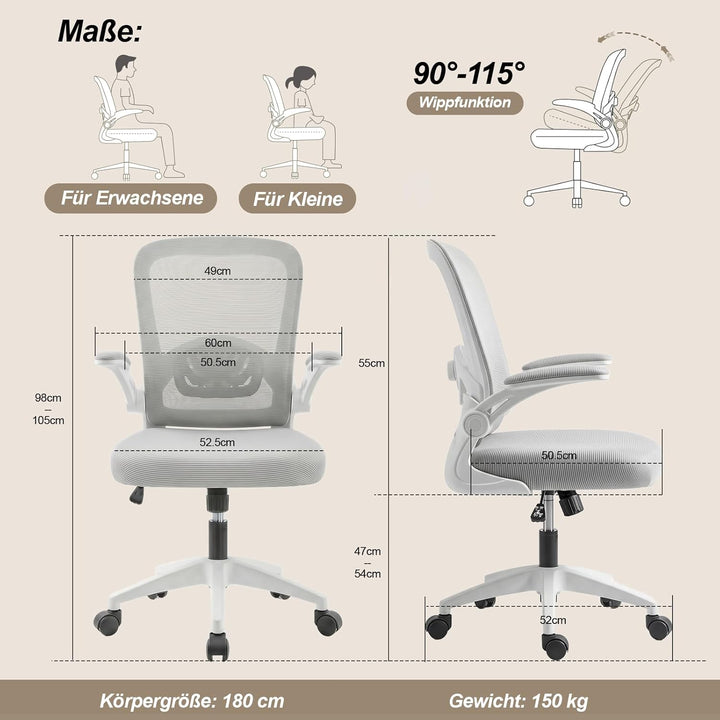 Bürostuhl Ergonomisch mit 4D Verstellbarer Lordosenstütze und Atmungsaktivem Mesh, Ergonomischer Sch